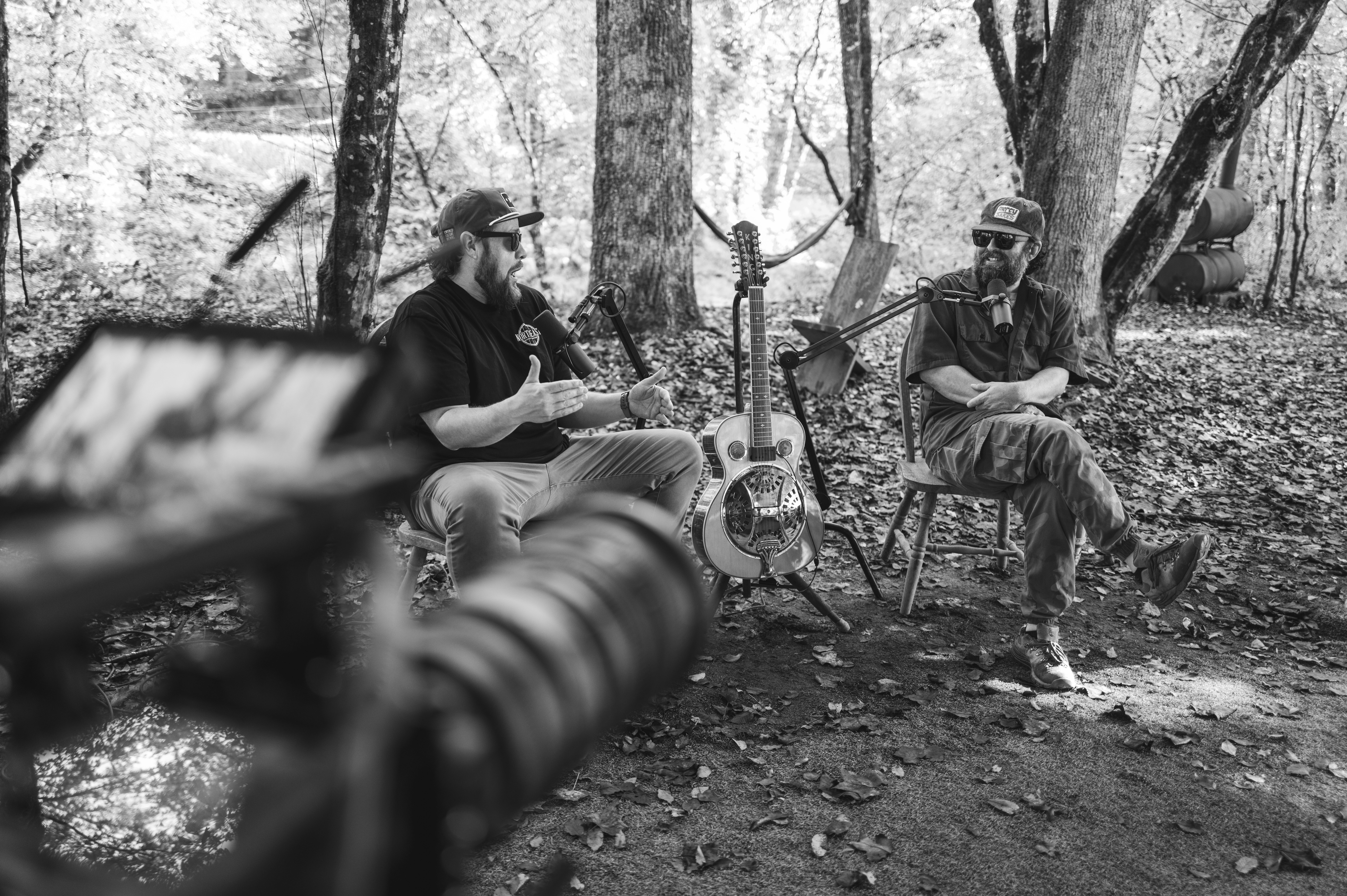 Nathan Schieber and guest recording The Foam is Home Podcast in the Georgia woods